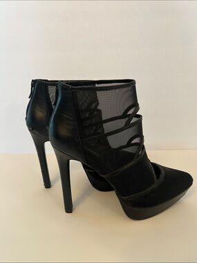 BCBG Black Mesh Strappy Pointed Toe High Heel Booties